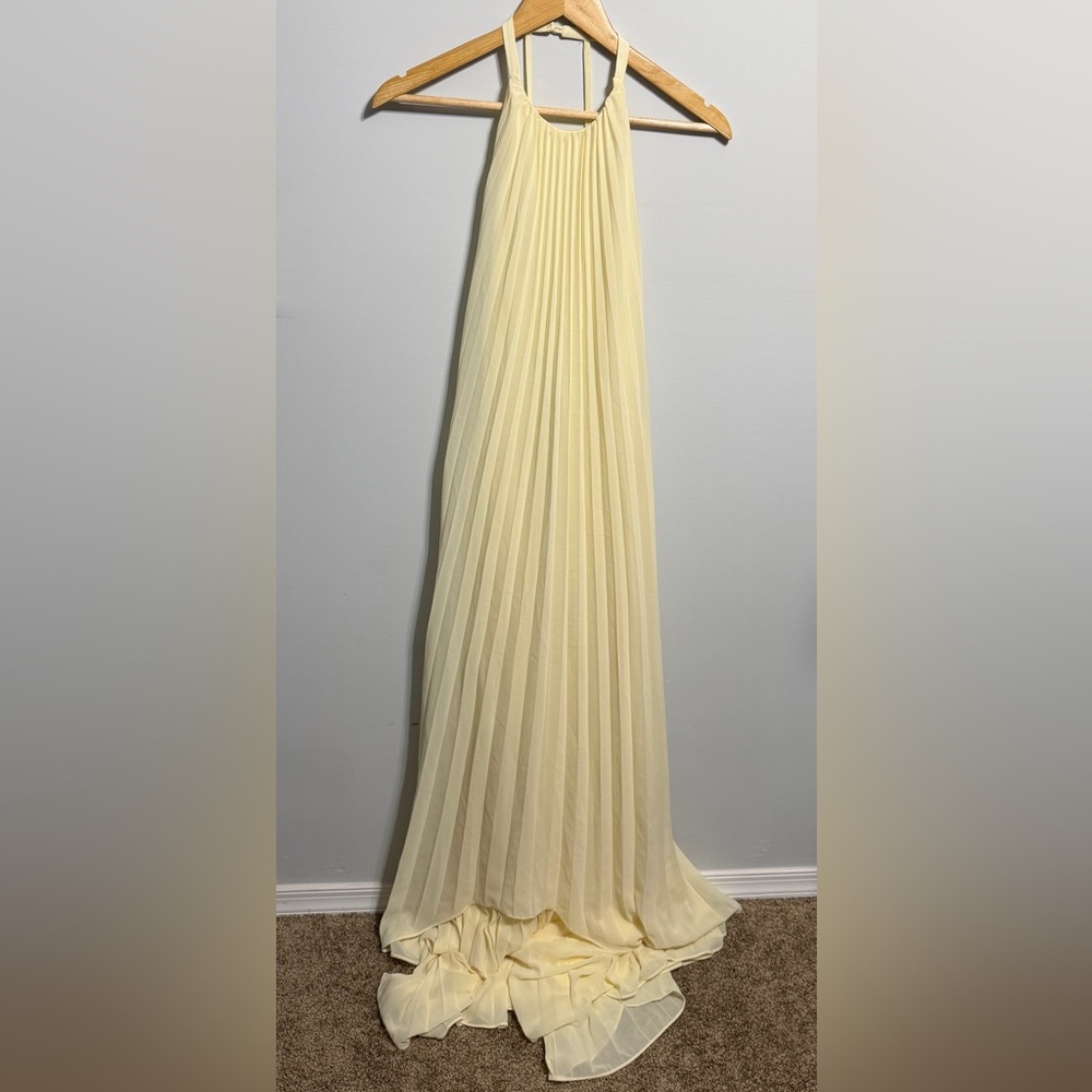 Lulus 
Dorala Light Yellow Pleated Lace-Up Tiered Maxi Dress